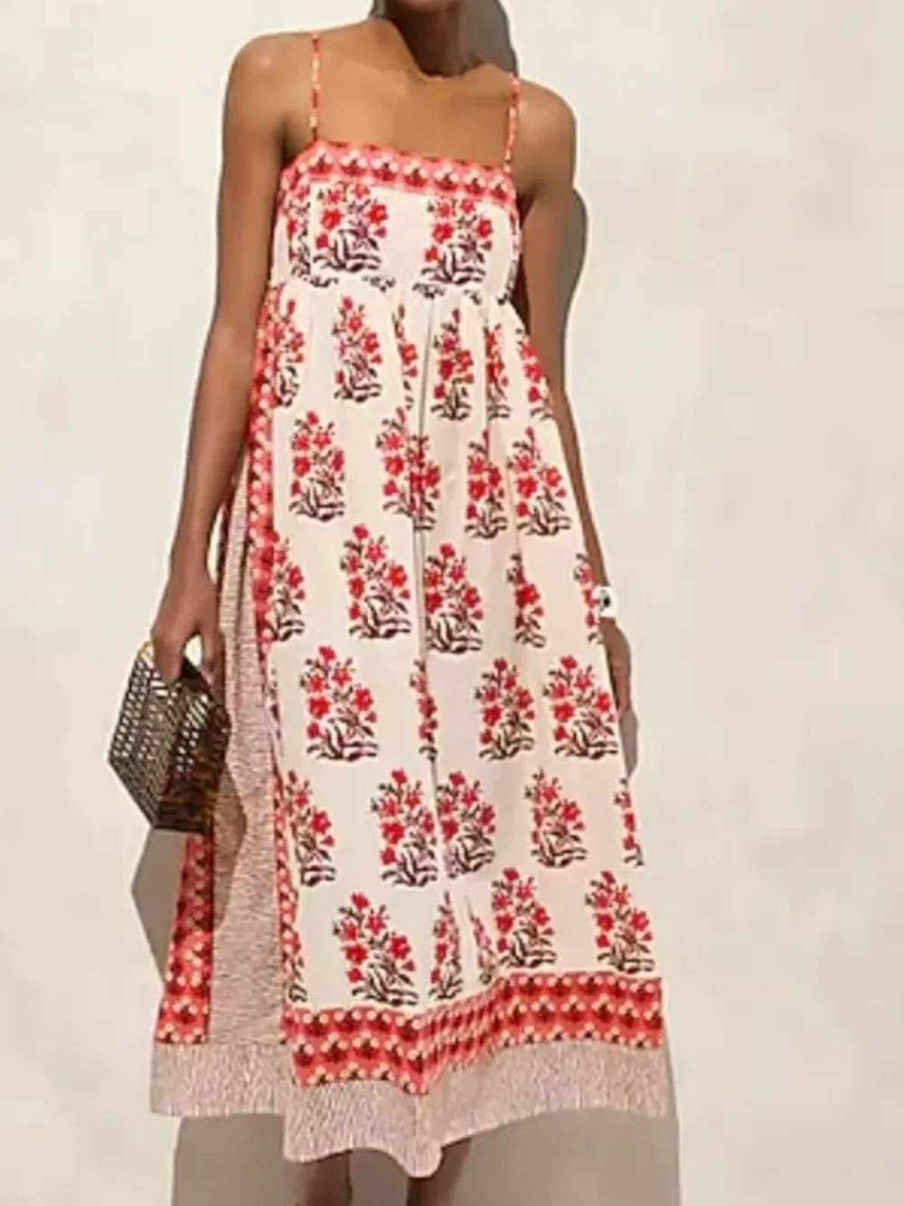 J. Crew Cotton Voile Floral Cream and Red Midi Dress W/Box Print Sz M